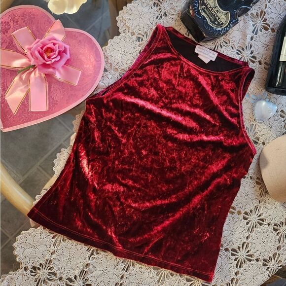 Red Crushed Velvet Sleeveless Tank Top Vintage 90s Vday - Picture 1 of 7